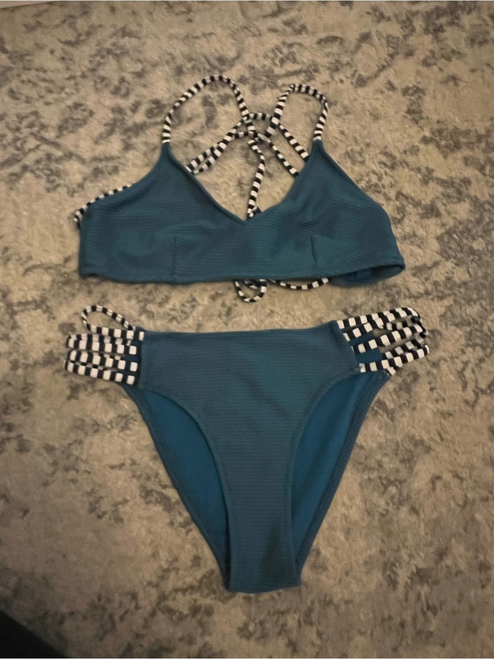 Teal Bikini Set with Striped Black & White Straps